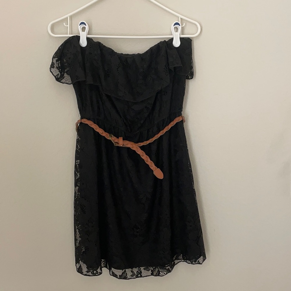 Black Lace Strapless Mini Dress with belt Size Large